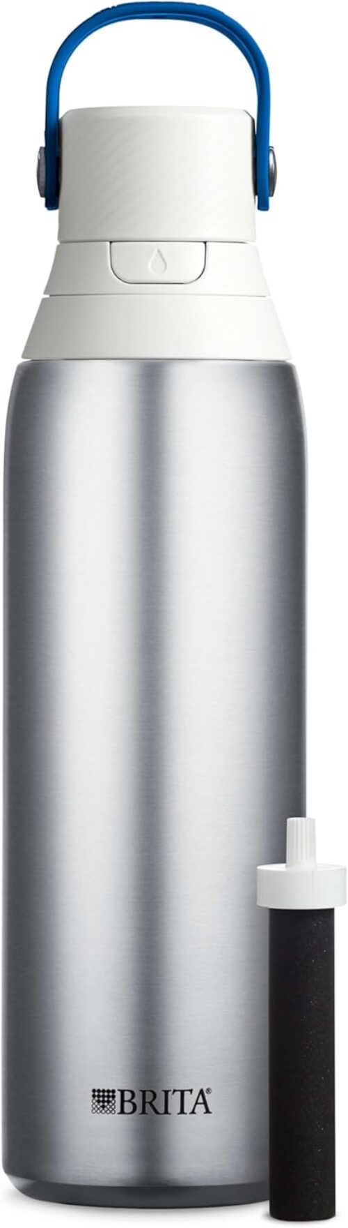Brita Stainless Steel Premium Filtering Water Bottle, BPA-Free, Reusable, Insulated, Replaces 300 Plastic Water Bottles, Filter Lasts 2 Months or 40 Gallons, Includes 1 Filter, Stainless – 20 oz.