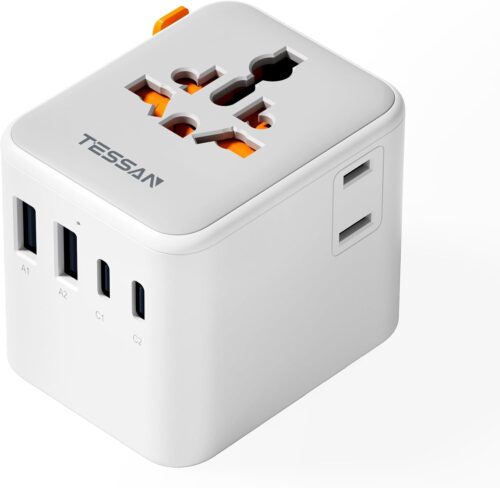 TESSAN Universal Travel Adapter, International Power Adapter with Extra 2 Prong AC Outlet, 4 USB Ports (2 USB C), Worldwide Plug Adaptor for US to Europe UK Australia Ireland (Type C G A I)