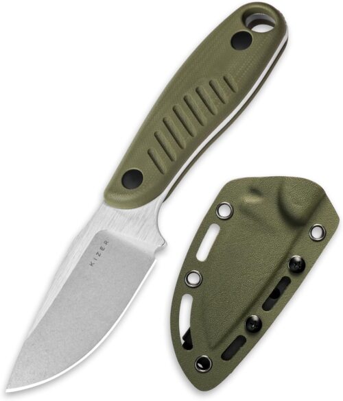 Kizer Hare Fixed Blade Knife with Sheath, 3.14″ Nitro V Blade EDC Hunting Knife with Olive Green G10 Handle, Small Bushcraft Neck Knives, Outdoor Camping Knives for Men Women, 1077M2