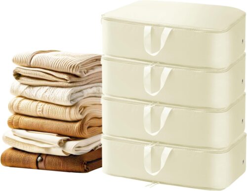 Ultra Space Saving Self Compression Organizer, 4 Pack Compression Bags for Storage, Sweater Organizer for Closet, Clothes Storage Bag (Beige, M, 40x30x18cm)