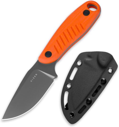 Kizer Hare Fixed Blade Knife with Sheath, 3.14″ D2 Steel Blade EDC Hunting Knife with Orange G10 Handle, Small Bushcraft Survival Knives, Outdoor Camping Knives for Men Women, 1077A1