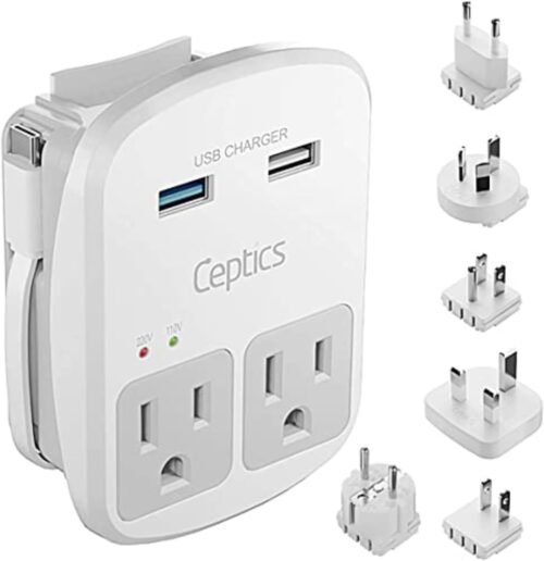 Ceptics Universal Travel Adapter Kit – 2 USB, USB-C Cord+2 US Outlets QC 3.0, Surge Protection, Plugs for Europe, UK, China, Australia, Japan – Perfect for Laptop, Cell Phones, Cameras,Safe ETL Tested