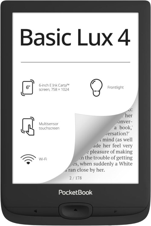 PocketBook Basic Lux 4 E-Book Reader | 6ʺ Glare-Free & Eye-Friendly E-Ink Technology | Compact & Lightweight E-Reader | Frontlight | Touchscreen | Wi-Fi | Dictionaries | Micro-SD Slot