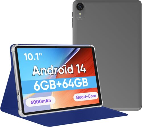 Tablet 10.1 inch, Android 14 Tablets 9(3+6) GB RAM 64GB ROM 1TB Expand, 1280×800 IPS HD Touchscreen,6000mAh Battery, Bluetooth, Dual Camera, GMS, WiFi, Case (Black)