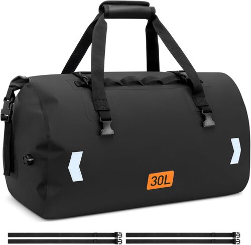 Motorcycle Dry Bag, Waterproof Duffel Bag & Roll-top Dry Duffel Bag, Motorcycle Luggage Travel Bag with Air Valve & Quick-fixed Straps For Riding,Travel, Black, 30L