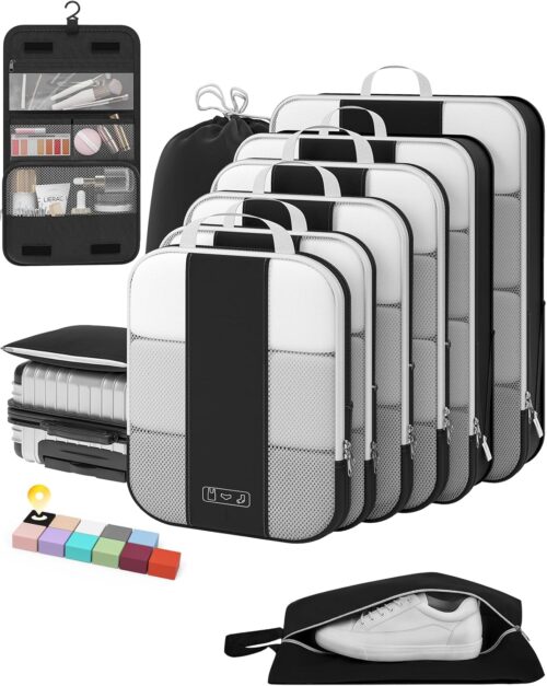 10 Set Compression Packing Cubes for Travel Essentials,Compressible Expandable Packing Cubes for Suitcase,OlarHike Luggage Organizer Bags for Travel,Handy Helper for Organizing Clothes(Black)