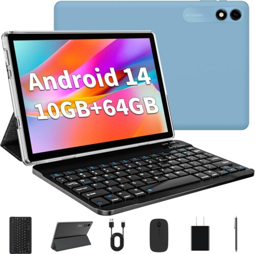 Android 14 Tablet 10.1 inch Tablet 2024 Latest Tablets with Keyboard Mouse 10GB+64GB 1TB Expand 6000mAh Octa-Core Processor Dual Camera WiFi 1280×800 IPS 18W Fast Charging