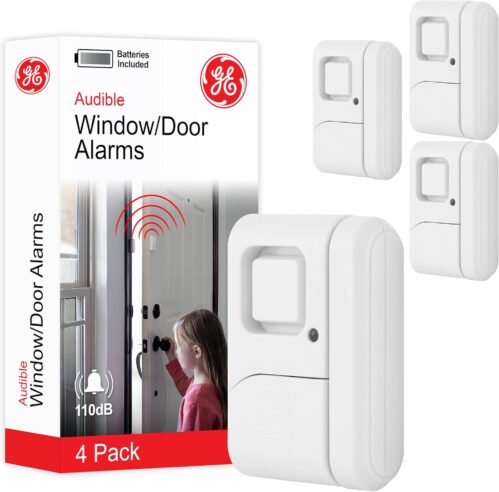 GE Personal Security Window and Door Alarm, 4 Pack, DIY Protection, Burglar Alert, Wireless Chime/Alarm, Easy Installation, Home Security, Ideal for Home, Garage, Apartment and More, White, 45174
