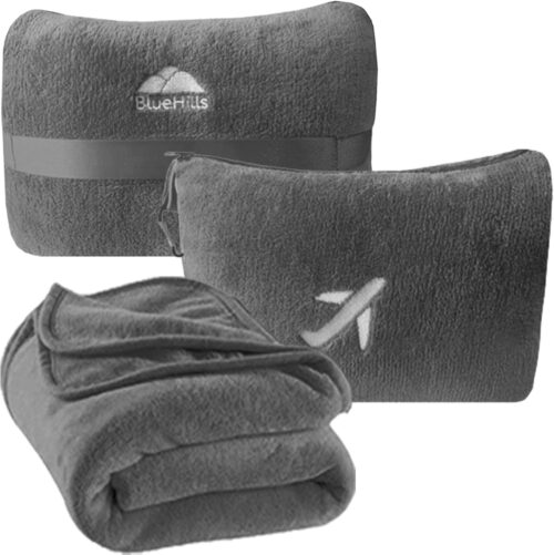 BlueHills Travel Blanket Pillow in Mini Soft Case Premium Plush Airplane Blanket Soft Bag Compact Pack with Luggage Belt and Backpack Clip Small Lightweight Traveling Plane Essentials – Grey Gray M01