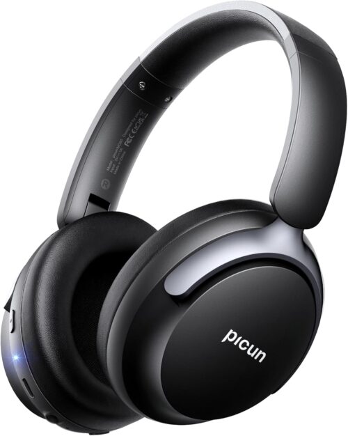 Picun NC60 Hybrid Active Noise Cancelling Headphones, Foldable Wireless Over Ear Bluetooth 5.4 Headphones, 80H Playtime, Transparency Mode, Stereo Bass, Custom EQ via App for Travel Home Black