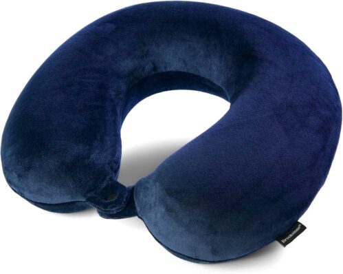 Broosktone Travel Neck Pillow – Lightweight Fleece Casing Extra Comfort Memory Foam – U-Shaped Neck Pillow for Travelling, Blue