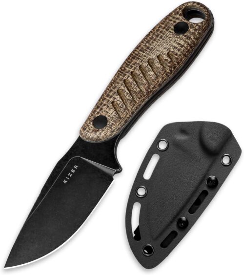 Kizer Hare Fixed Blade Knife with Sheath, 3.14″ D2 Steel Blade EDC Hunting Knife with Burlap Micarta and Black G10 Handle, Small Survival Knives, Outdoor Camping Knives for Men Women 1077M3