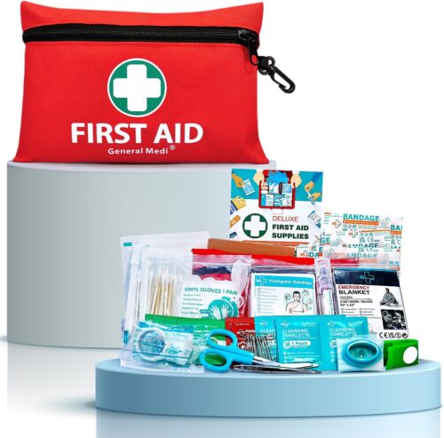 General Medi Mini First Aid Kit, 110 Piece Small First Aid Kit – Includes Emergency Foil Blanket, Scissors for Travel, Home, Office, Vehicle, Camping, Workplace & Outdoor (Red)