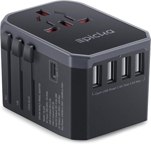 EPICKA Universal Travel Adapter, European Travel Plug Adapter – International Power Adapter Worldwide Charger with USB-C & 4 USB Ports, Travel Essentials for Italy, Japan, Europe, UK (TA-105, Grey)