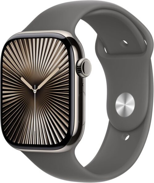 Apple Watch Series 10 [GPS + Cellular 46mm case] Smartwatch with Natural Titanium Case with Stone Grey Sport Band – M/L. Fitness Tracker, ECG App, Always-On Retina Display, Water Resistant