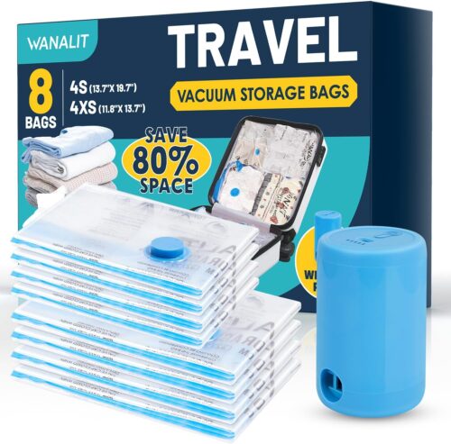 Vacuum Storage Bags for Travel, 8 Pack (4S+4XS) Vacuum Seal Bags with Wireless Rechargeable Electric Pump, Travel Essentials Space Saving Bags for Clothes, Luggage, Carry-on Suitcase, Backpack, Trip