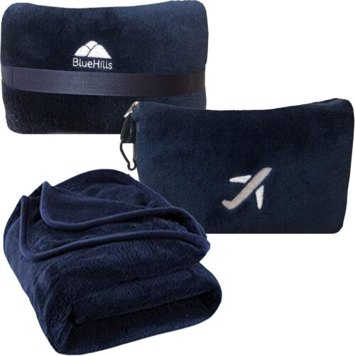 BlueHills Travel Blanket Pillow in Mini Soft Case Premium Plush Airplane Blanket in Soft Bag Compact Pack with Luggage Belt and Backpack Clip Long Flights Essentials Traveling Plane – Navy Blue M04