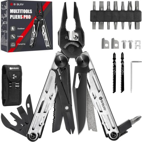 BIBURY Multitool Pliers, Stainless Steel 31-in-1 Multi Tool Pliers with Replaceable Wire Cutters and Saw, Foldable Multitools with Scissors and Screwdriver, Ideal for Camping, Survival, Repair