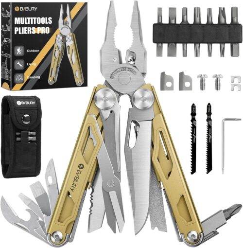 BIBURY Multitool Pliers, 31-in-1 Stainless Steel Multi Tool with Replaceable Wire Cutters and Saw, Foldable Heavy-duty Multitool Set with Scissors and Screwdriver for Hiking Camping Survival Repair