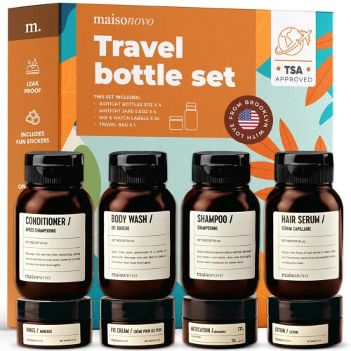 MaisoNovo Travel Bottles for Toiletries, TSA Approved, Leak Proof Refillable, Travel Size Containers and Bottles with Water Proof Toiletry Bag