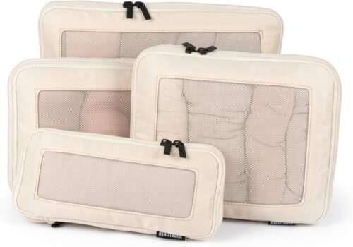 Compression Packing Cubes for Travel – Luggage Organizer Bags – Double Zipper Packing Cubes for Suitcases (4-Pack, Beige)