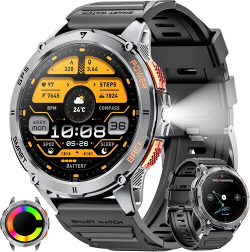 Military Smart Watch for Men with GPS, 1.43″ AMOLED Bluetooth Call Smartwatch with LED Flashlight, Rugged Smart Watches for Android iOS, IP68 Waterproof Fitness Tracker with Heart Rate (Black)