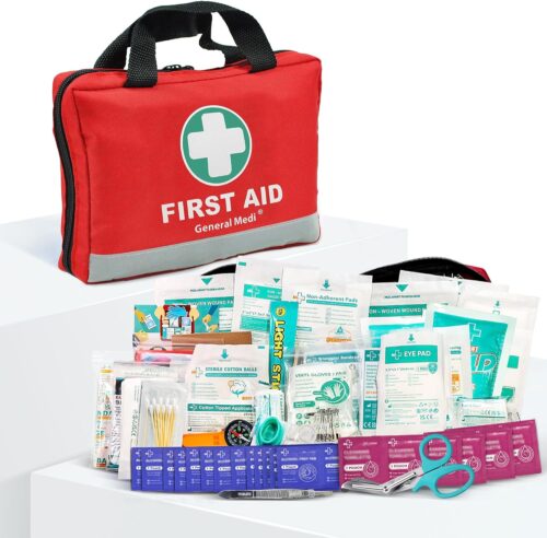 General Medi First Aid Kit -309 Pieces- Reflective Bag Design – Including Bandages, Moleskin Pad and Emergency Blanket for Travel, Home, Office, Car, Camping, Workplace
