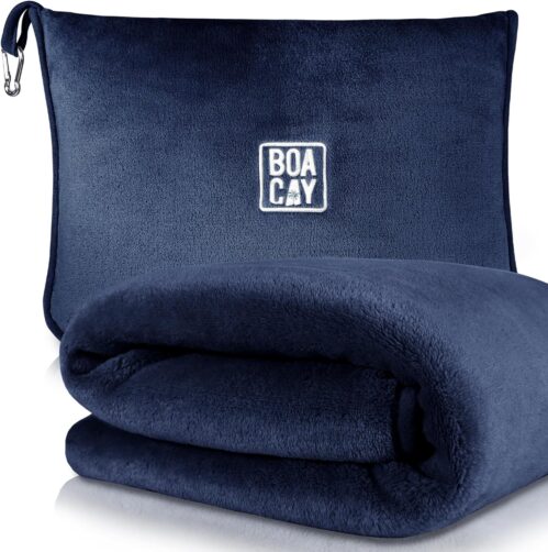 BOACAY Soft & Warm Travel Blanket for Airplane & Car – Long Flight Essential for Women, Men, Kids – Compact Pillow with Luggage Sleeve & Backpack Clip