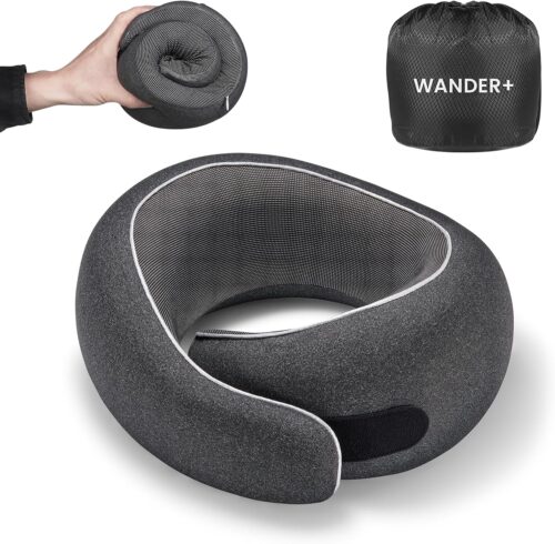 WANDER PLUS® Travel Pillow, 100% Pure Memory Foam Travel Neck Pillow Airplane Neck Support Ergonomic Design Best for Sleeping Plane Car Train Office Flight for Adults Black