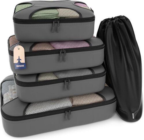 Shacke Premium 5 Packing Cubes Set – Lightweight Mesh Travel Luggage Organizers with Laundry Bag, 5-Piece Suitcase Storage System (Dark Grey)