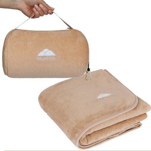BlueHills Travel Blanket Pillow Rolled Premium Soft Plush Airplane Throw Traveler Essentials Gift Compact in a Bag 70X48 inches Long Car Plane Flight Portable Beige R06