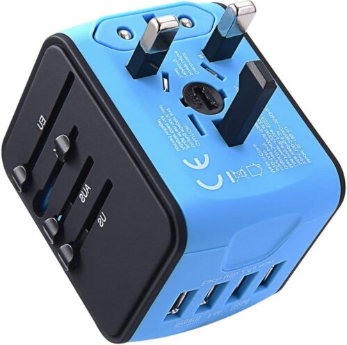 International Travel Adapter Universal Power Adapter Worldwide All in One 4 USB Perfect for European US, EU, UK, AU 160 Countries (Blue)