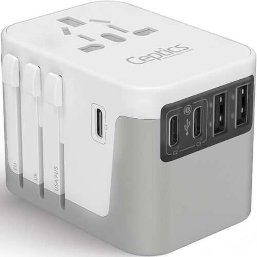 Ceptics 6 in 1 Universal Travel Adapter, Universal Outlet w/ 2X USB-A and 3X USB-C 6A, Travel Power Adapter for use in EU, UK, US, AU and More, Universal Plug for Mobiles, Laptops- UP-30KU-WH