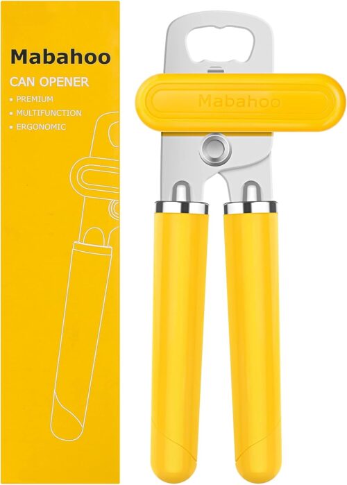 Can Opener Manual, Handheld Smooth Edge Stainless Steel Heavy Duty Bottle Can Openers Top Lid Kitchen Gadgets, Easy Turn Knob, Yellow