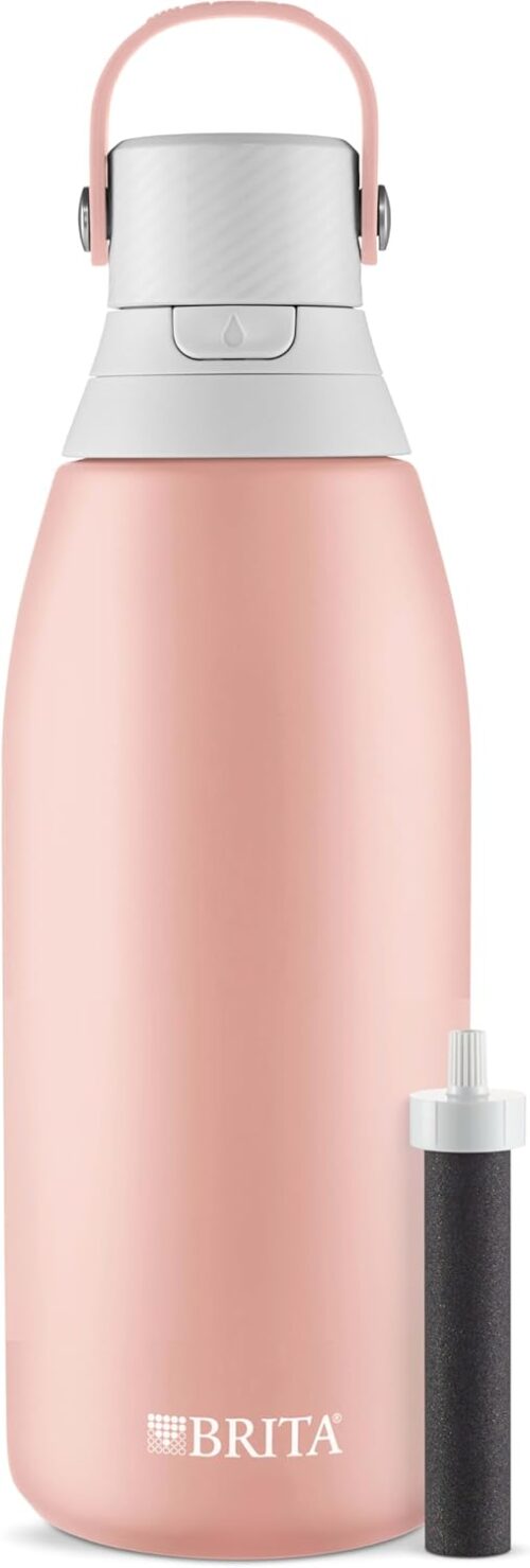Brita Stainless Steel Premium Filtering Water Bottle, BPA-Free, Reusable, Insulated, Replaces 300 Plastic Water Bottles, Filter Lasts 2 Months or 40 Gallons, Includes 1 Filter, Rose – 32 oz.
