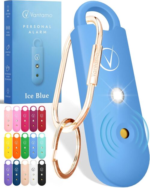 Vantamo Personal Alarm for Women – Extra Loud Double Speakers, First with Low Battery Notice with Strobe Light, Rechargeable – Safety Alarm Keychain (Ice Blue)