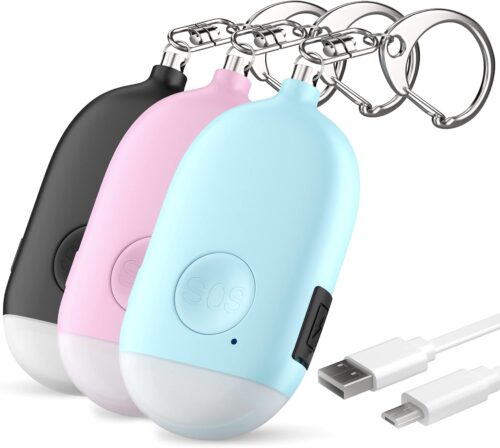 WETEN Personal Safety Alarm for Women – 3 Pack Rechargeable Self Defense Keychain Siren Ring with LED Light – 130 dB Emergency Sos Alert Key Chain Device (Black&Pink&Blue)