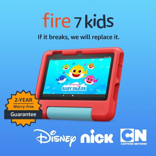 Amazon Fire 7 Kids tablet (newest model) ages 3-7. Top-selling 7″ kids tablet on Amazon. Includes ad-free and exclusive content, easy parental controls, 10-hr battery, 16 GB, Red