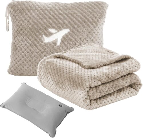 Travel Blanket Airplane Compact with Bag, Travel Essentials 3 in 1 Packable Airplane Blanket, Travel Pillow and Blanket Set, Inflatable Pillow, Luggage Sleeve & Backpack Clip (Camel)