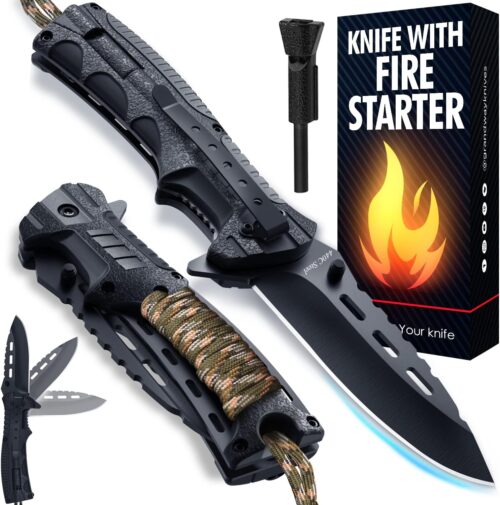 Pocket Knife for Men – Spring Assisted Knife with Fire Starter Whistle Paracord Handle – Tactical Folding Blade – Best for Survival Hiking Hunting Camping – Birthday Gifts Idea for Dad Husband 6772