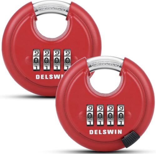 DELSWIN Outdoor Combination Padlock – 4 Digit Heavy Duty Disc Lock with Hardened Shackle,Combo Padlock for Gate,Storage Unit,Fence(25/64″ Shackle, Red,2Pcs)