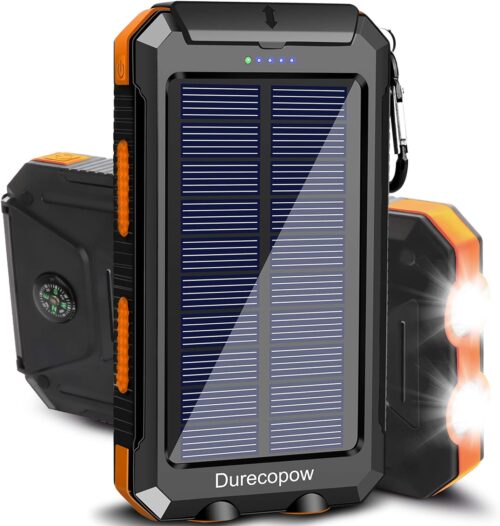 Solar Charger Power Bank, 20000mAh Portable Outdoor Waterproof Solar Battery Charger, Camping External Backup Battery Pack USB C Ports Input/Output, 2 Led Light Flashlight with Compass (Orange)
