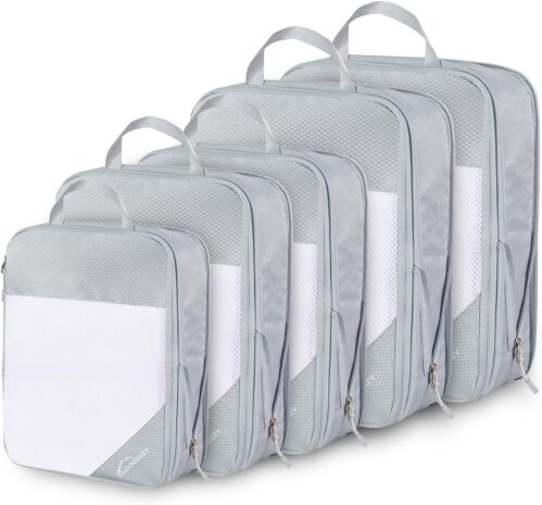 Compression Packing Cubes for Travel, 5 Set Packing Cubes for Travel Compression, Compressible Packing Cubes for Carry On and Suitcases, Light Grey