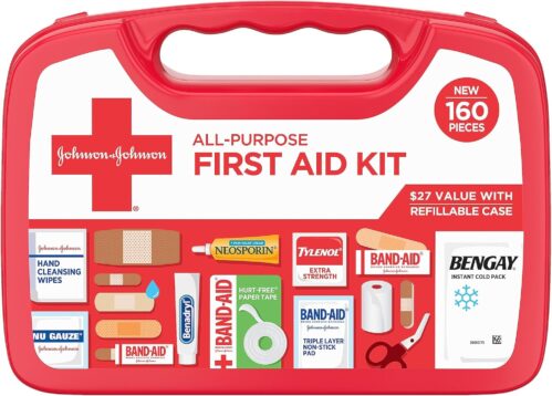 Johnson & Johnson All-Purpose Portable Compact First Aid Kit for Minor Cuts, Scrapes, Sprains & Burns, Ideal for Home, Car, Travel, Camping and Outdoor Emergencies, 160 Pieces