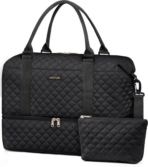 HOTOR Travel Duffel Bag – Weekender Bags for Women, Carry On Bag with Shoe Compartment, Overnight Bag with Toiletry Bag for Travel Essentials and Travel Accessories, Black, 13.4″×17.3″×7.9″