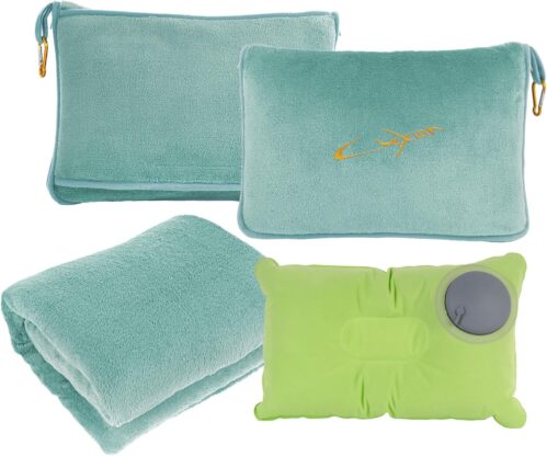 3 in 1 Travel Pillow and Blanket Set, Premium Soft 300 GSM Thick Airplane Blanket Compact with Bag for Long Trips Essentials, Hand Luggage Sleeve and Backpack Clip (Mint Green)
