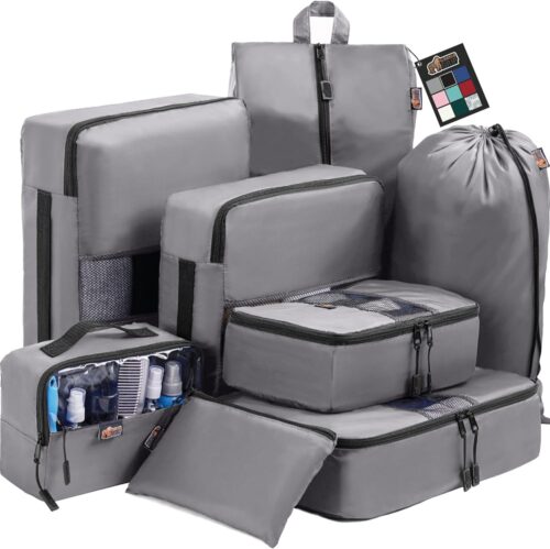 GORILLA GRIP 8 Set Packing Cubes, Travel Essentials for Suitcase, Mesh Organizer Bags for Clothes Toiletries Shoes and Laundry, Luggage and Carry On Airplane Accessories, Traveling Must Haves Gray
