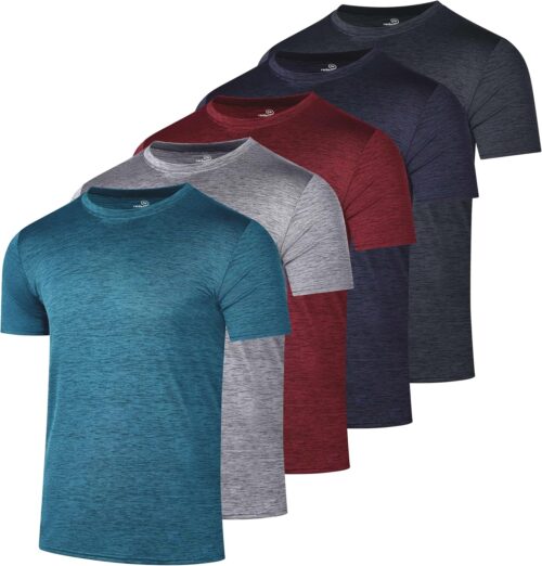 Real Essentials 5 Pack: Men’s Short Sleeve Dry Fit Active Crew Neck T Shirt – Athletic Running Gym Workout Tee Tops