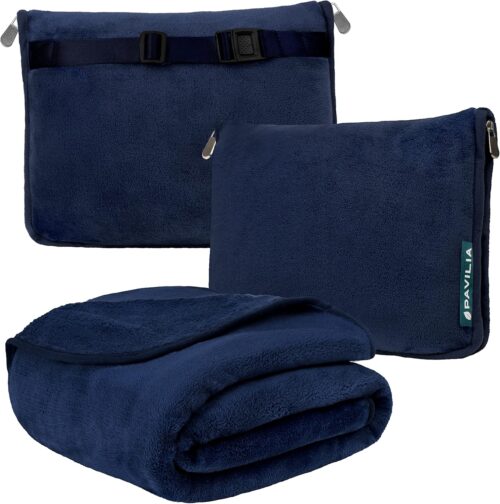 PAVILIA Travel Blanket Pillow, Soft Airplane Blanket 2-IN-1 Combo Set, Plane Blanket Compact Packable, Flight Essentials Car Pillow, Travelers Gifts Accessories Luggage Backpack Strap, 60×43 Navy Blue