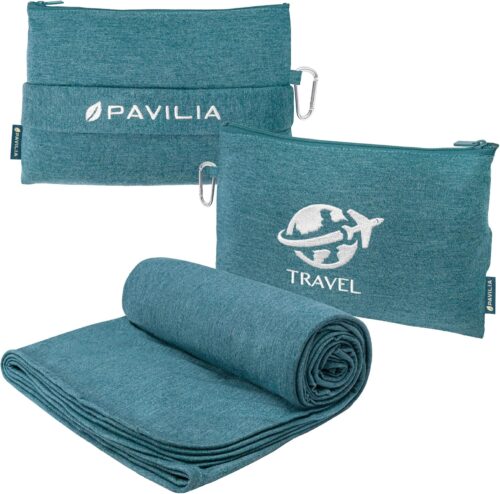 PAVILIA Travel Blanket Airplane Compact with Bag, Small Travel Pillow Blanket Long Flights, Lightweight Plane Blanket with Luggage Strap, Camping Blanket for Traveler Essentials, Teal Blue, 65×40